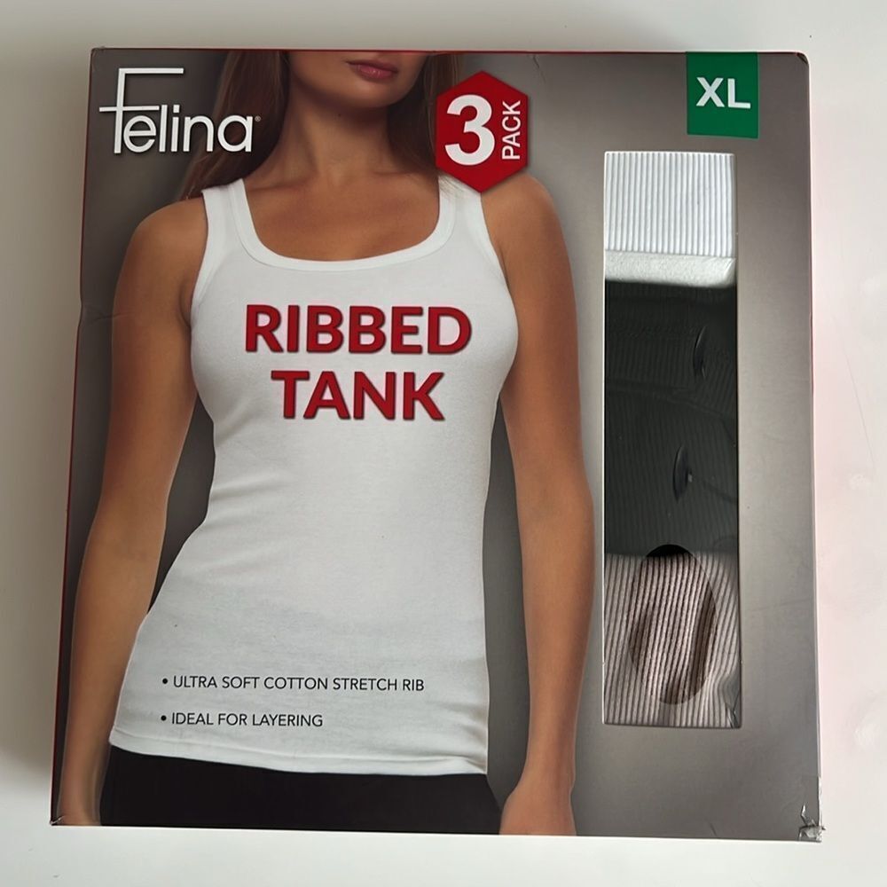 Felina Ribbed Tank 3-Pack in White, Tan, and Black